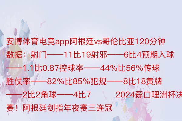 安博体育电竞app阿根廷vs哥伦比亚120分钟数据：射门——11比19射邪——6比4预期入球——1.1比0.87控球率——44%比56%传球胜仗率——82%比85%犯规——8比18黄牌——2比2角球——4比7			2024孬口理洲杯决赛！阿根廷剑指年夜赛三连冠